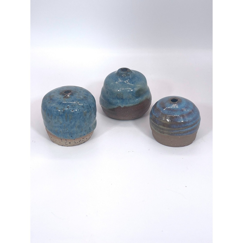 Studio Pottery Drip Glazed Open Bottom Bud Vase for Flower Frog Blue Earth